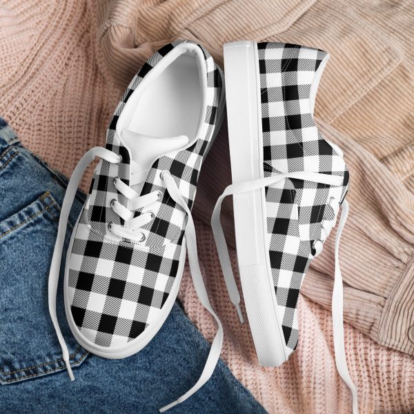 Black & White Plaid  Sneakers, Stylish Lace-Up Canvas Shoes - Image 2